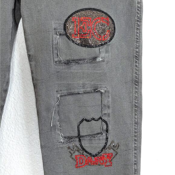 Elisa Cavaletti Pants Embellished Gray Skinny Jeans Crystal Patchwork Womens 12 - Picture 5 of 14